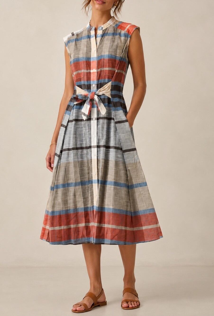 SEA New York Plaid Cotton Midi Shirt Dress Sleeveless Tie Waist Women’s 2